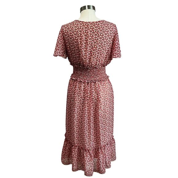 Max Studio Strawberry Print V Neck Flounce Sleeve Midi Dress Size M - Picture 4 of 11